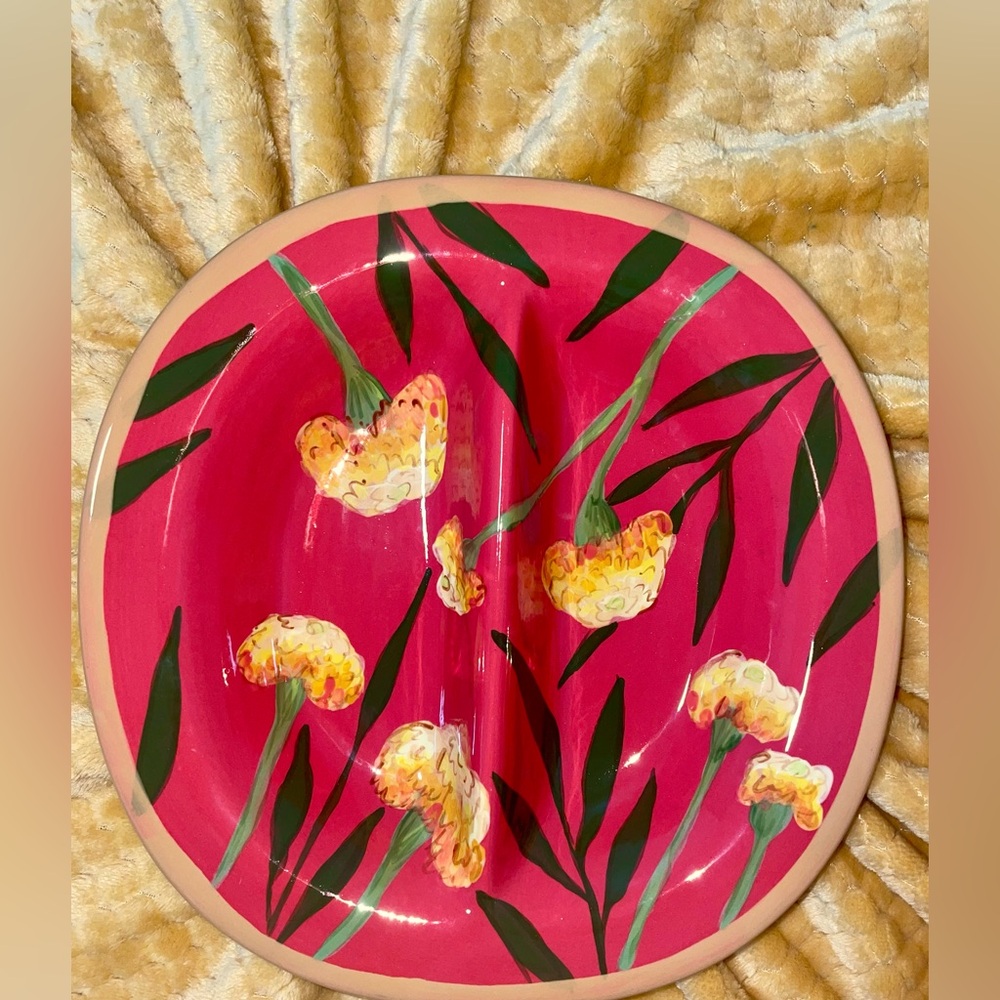 Droll Designs MARIGOLD Hand Painted Ceramic Glazed Split Divided 10.5 " Bowl